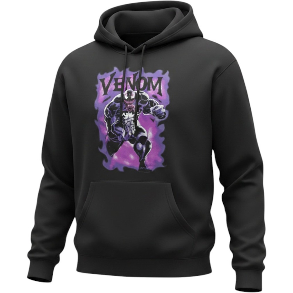 Marvel Venom Graphic Hoodie Mens XL Black Purple Flame Comic Book Sweatshirt